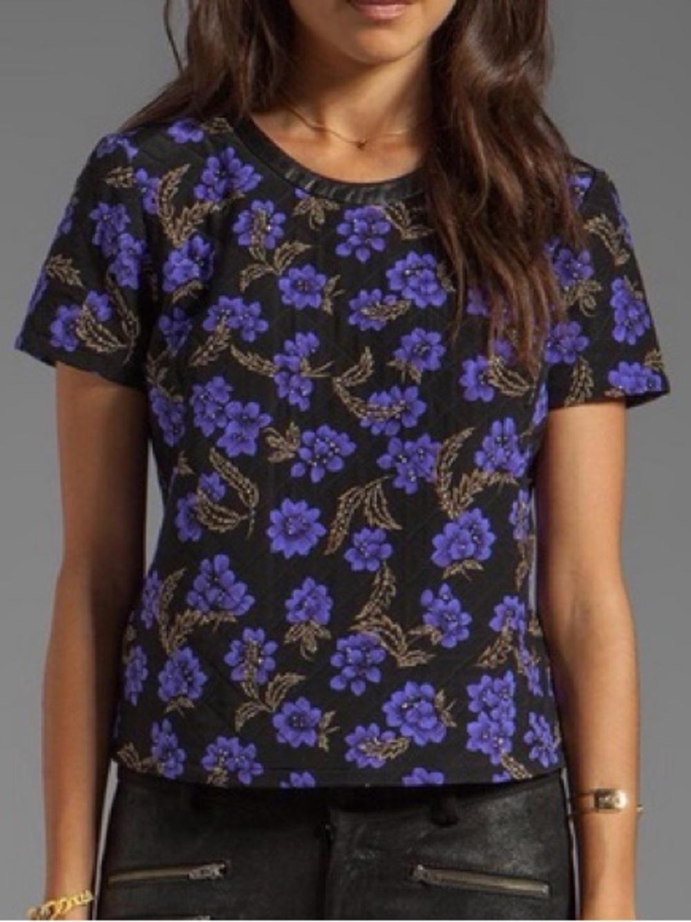 PJK Patterns of Kincaid Silk & Leather Floral Black Quilted Purple Floral Blouse